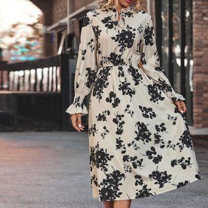 Brand New Floral Print Tie Neck Flounce Sleeve Dress Without Belt